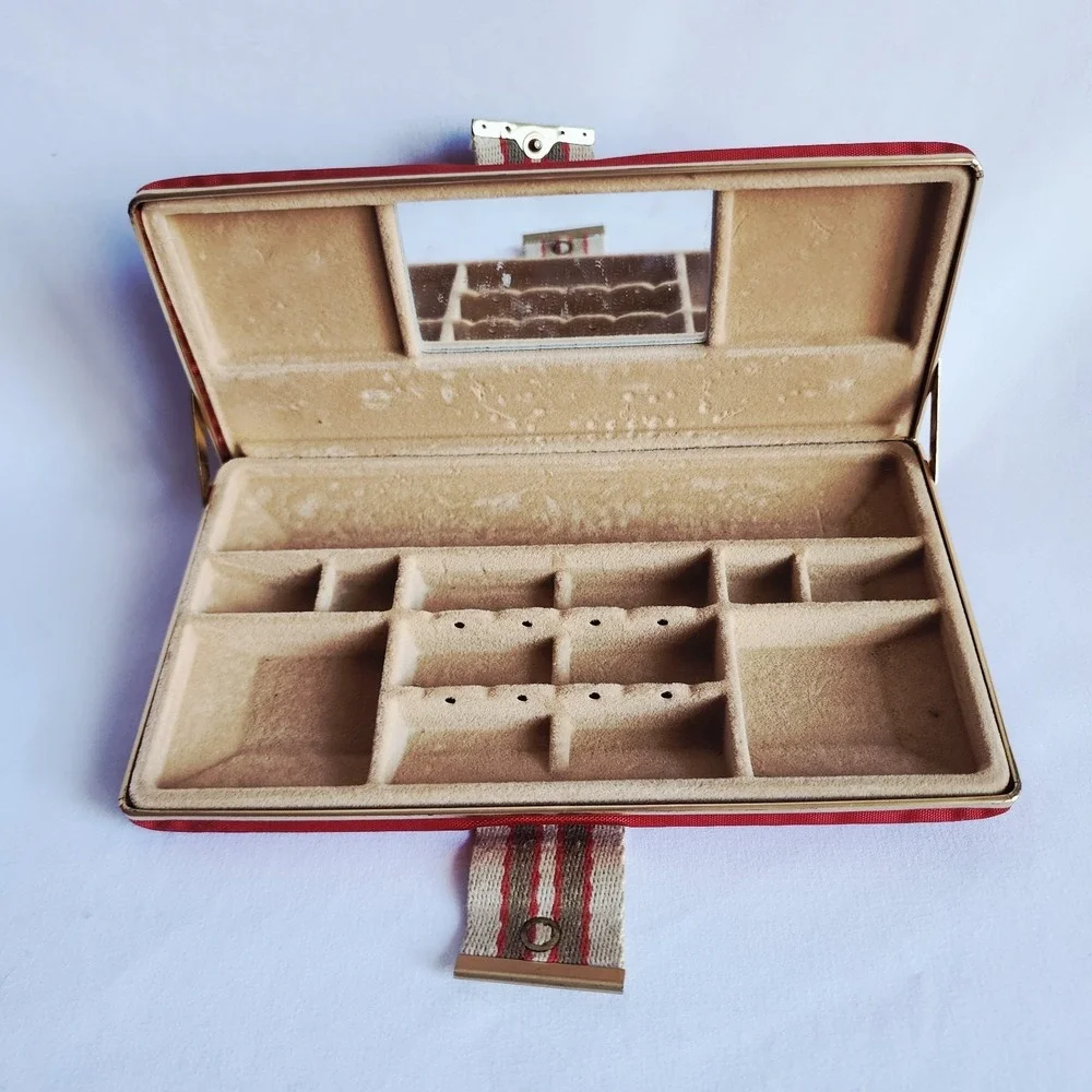 Vintage MCM Red Jewelry Box Travel Case Mirror 1960s Retro Canvas Organiser Mod